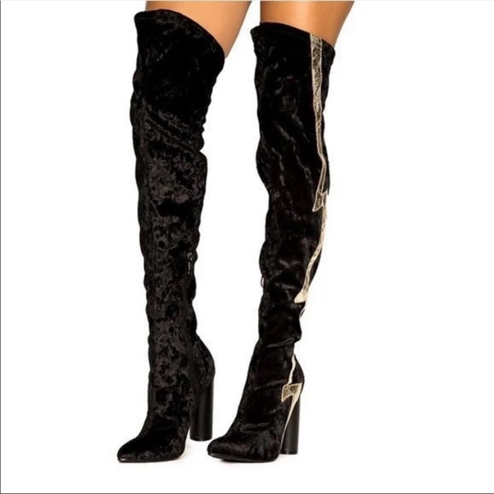 crushed velvet thigh high boots